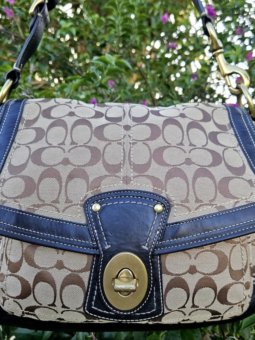 Coach Legacy Ali Turnlock Flap Bag F12857 Signature Canvas Black Leather